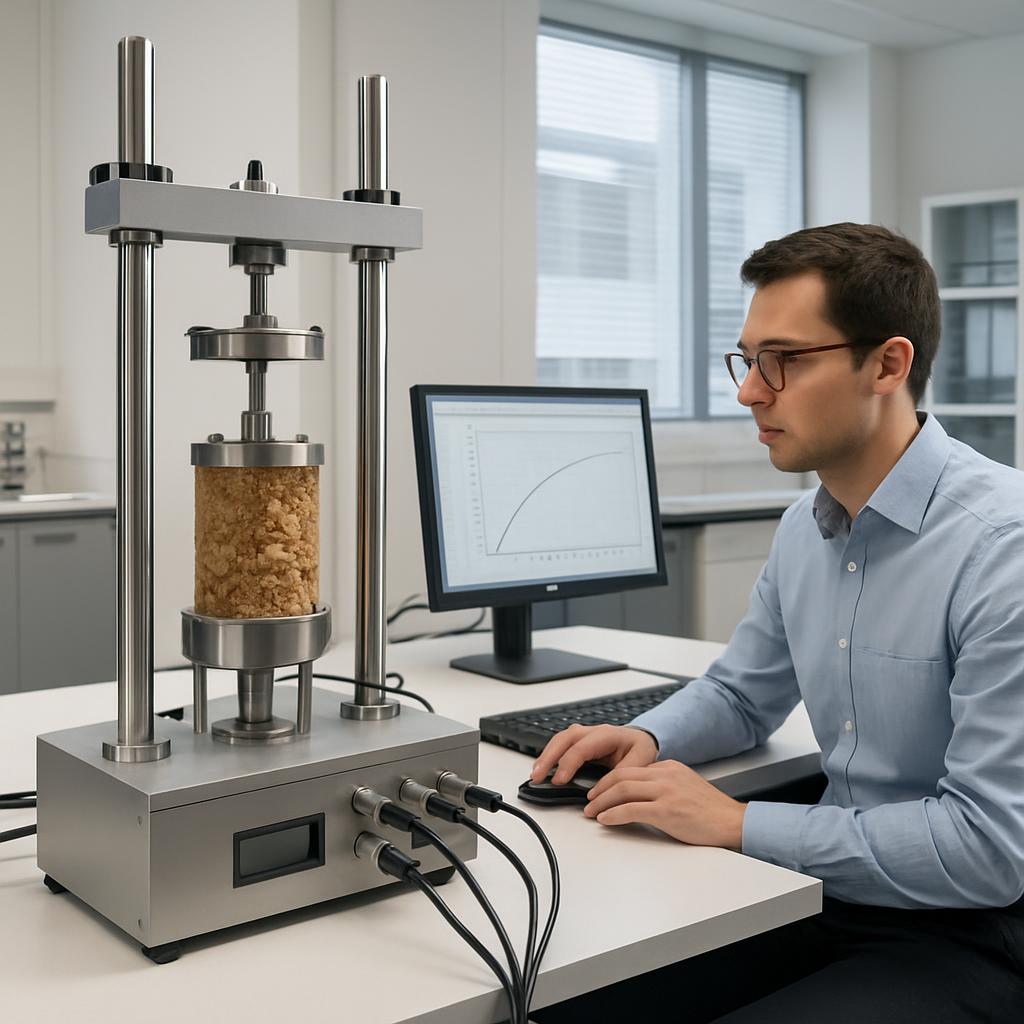 La macchina ricava calcestruzzo utilizzata in un laboratorio. Studioso con occhiali e divisa lavora a una macchina ricava ...