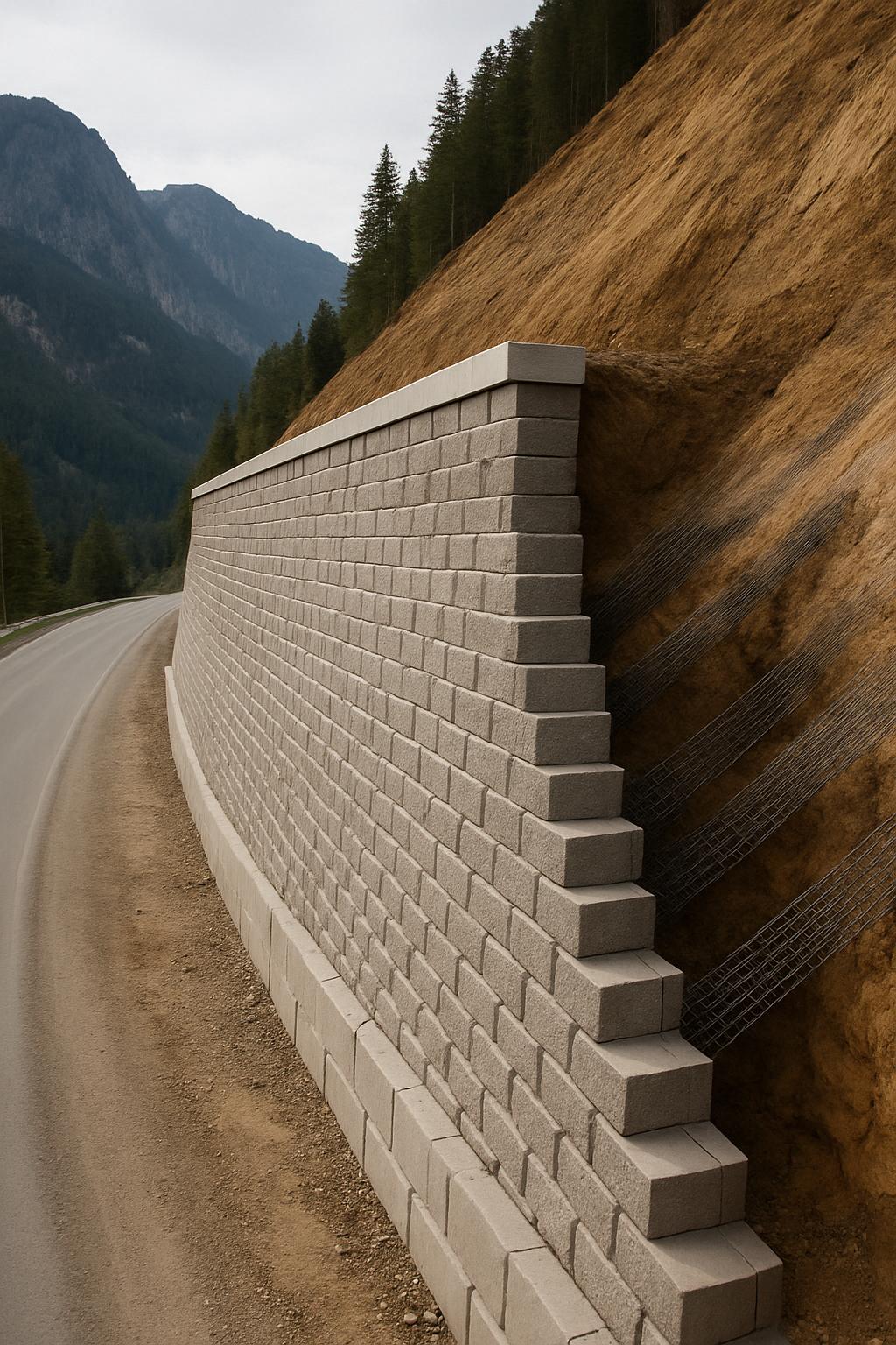 Default language: English. Alt text: A grey block wall on a mountain road Coming in Italian: Descrizione dell'immagine alt...